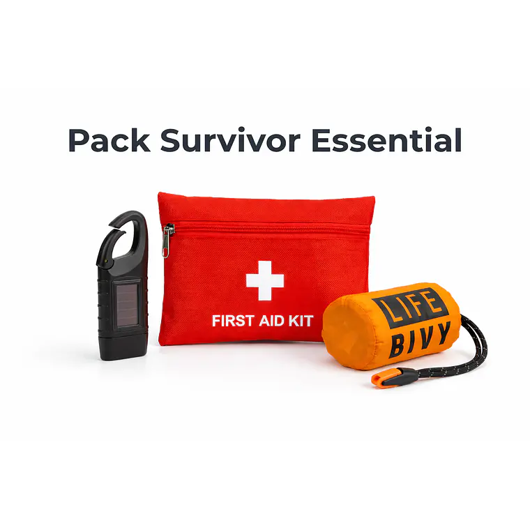 Pack Survivor Essential /Botiquín-Manta Térmica con Silbato-Linterna Dínamo 1