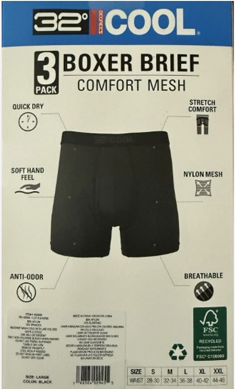 Pack 3 boxer 32 Degrees cool negros