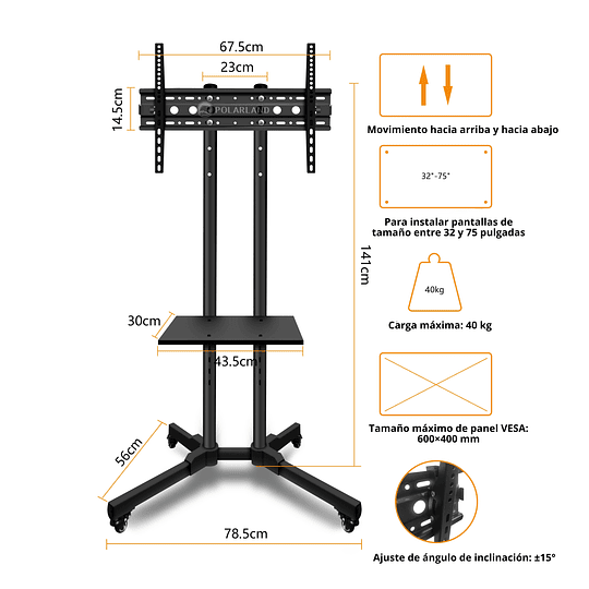Soporte De Suelo Movil Para Tv 32 - 75 / Polarland Pfs640e