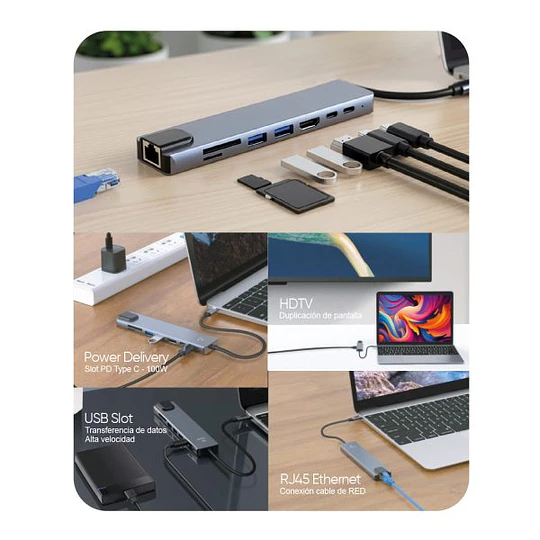Hub Adaptador 8 En 1 Type - C A Rj45 / Mlab 10022