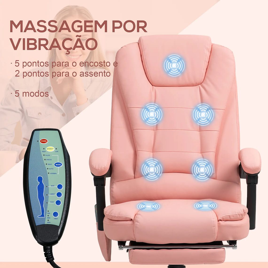 Cadeira de Massagem Vinsetto: Reclinável com 7 Pontos, Apoio para Pés e Controle Remoto 16