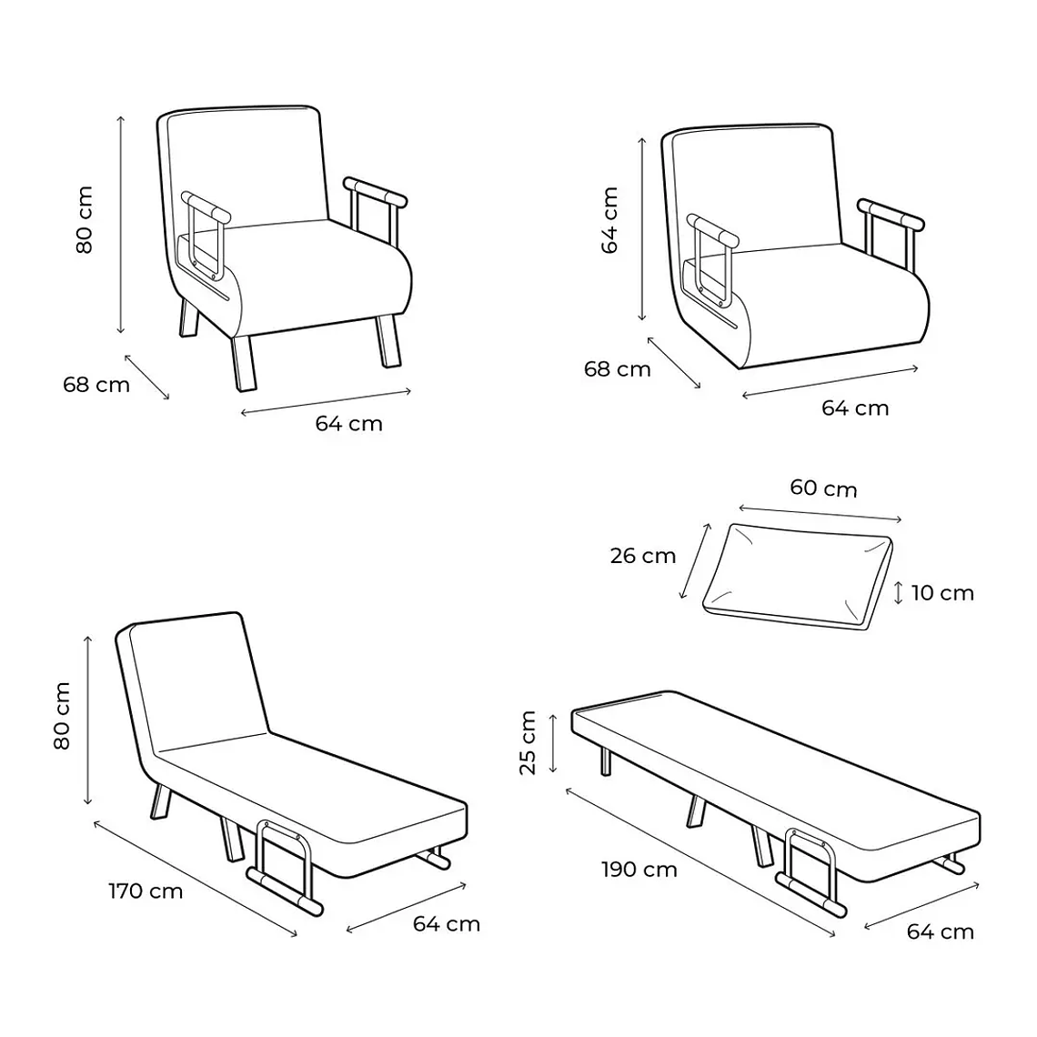 Sofá-Cama Individual Softfa 4 em 1: Conversível em Poltrona, Chaise Longue e Cama (Suporte 150kg) 11