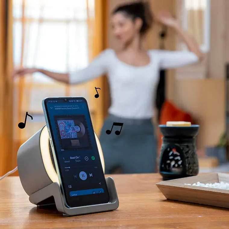 Souwis Wireless Charger + Speaker + LED Light | 4-in-1 with Bluetooth 5.1 and Phone Holder 7