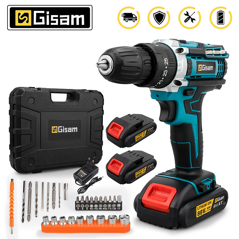 Gisam 21V Impact Drill - 25+3 Torque, 2 Speeds, 2 Batteries Included, for Home DIY 1