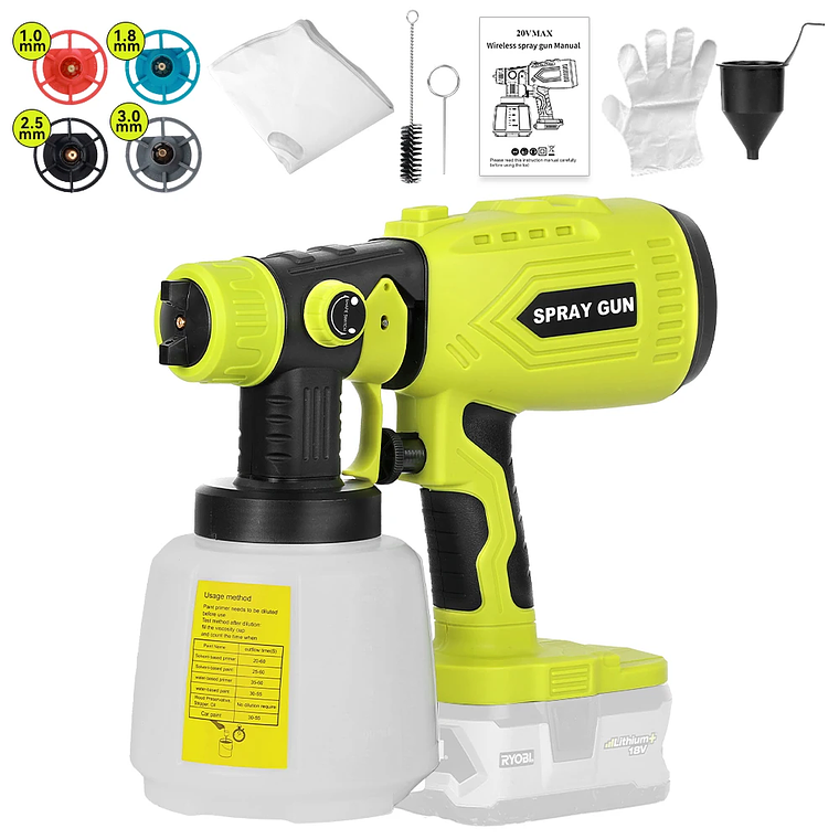 Pistola de Pintura HVLP sem Fios para Bateria Ryobi 18V ONE+ - 200W, 4 Bicos, 3 Padrões, 1000ml 2