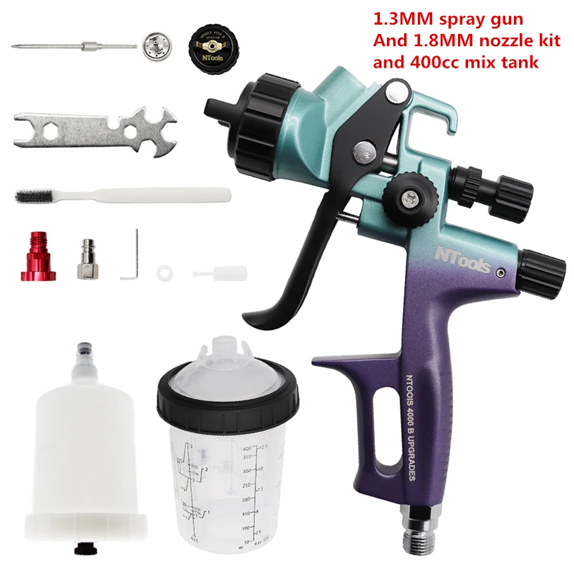 NTOOLS N4000B HVLP/RP Paint Gun - Professional Kit with 1.3mm & 1.8mm Nozzles and 600ml + 400ml Cups for Automotive and Clearcoat 7