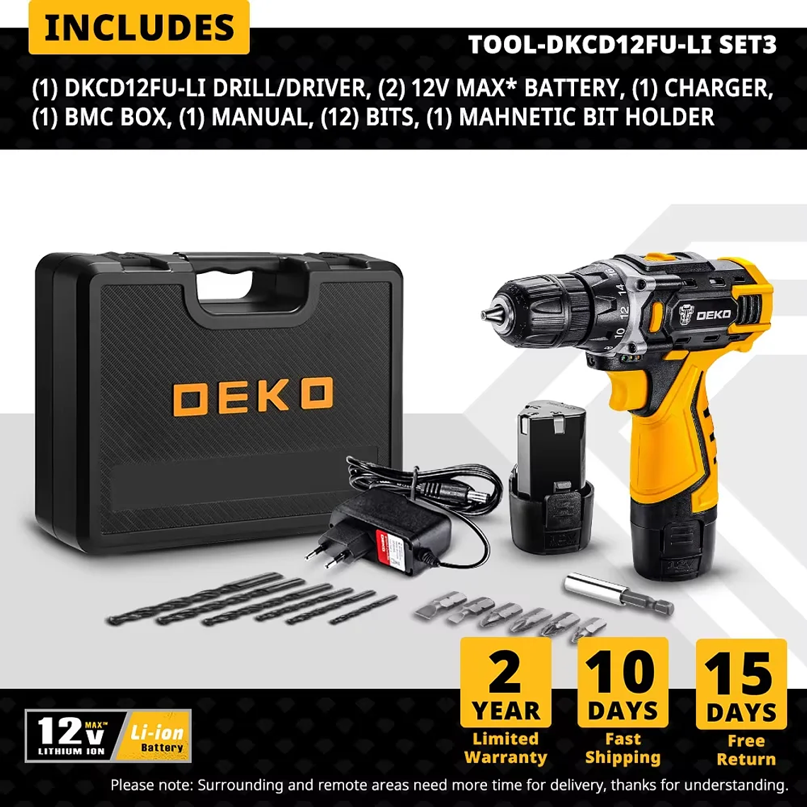 Kit Furadeira/Aparafusadora Sem Fio DEKO 12V/16V/20V - Maleta com 2 Velocidades, Bateria de Íon-Lítio e Acessórios para Madeira e Projetos DIY 9