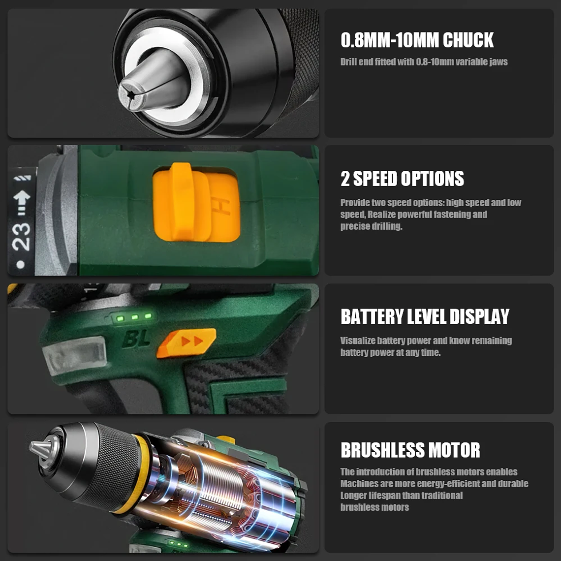 Aparafusadora/Furadeira de Impacto sem Escovas (Brushless) TKKEACE 23+1 Torques - Motor Brushless, 1500 RPM, Mandril Metal 3/8