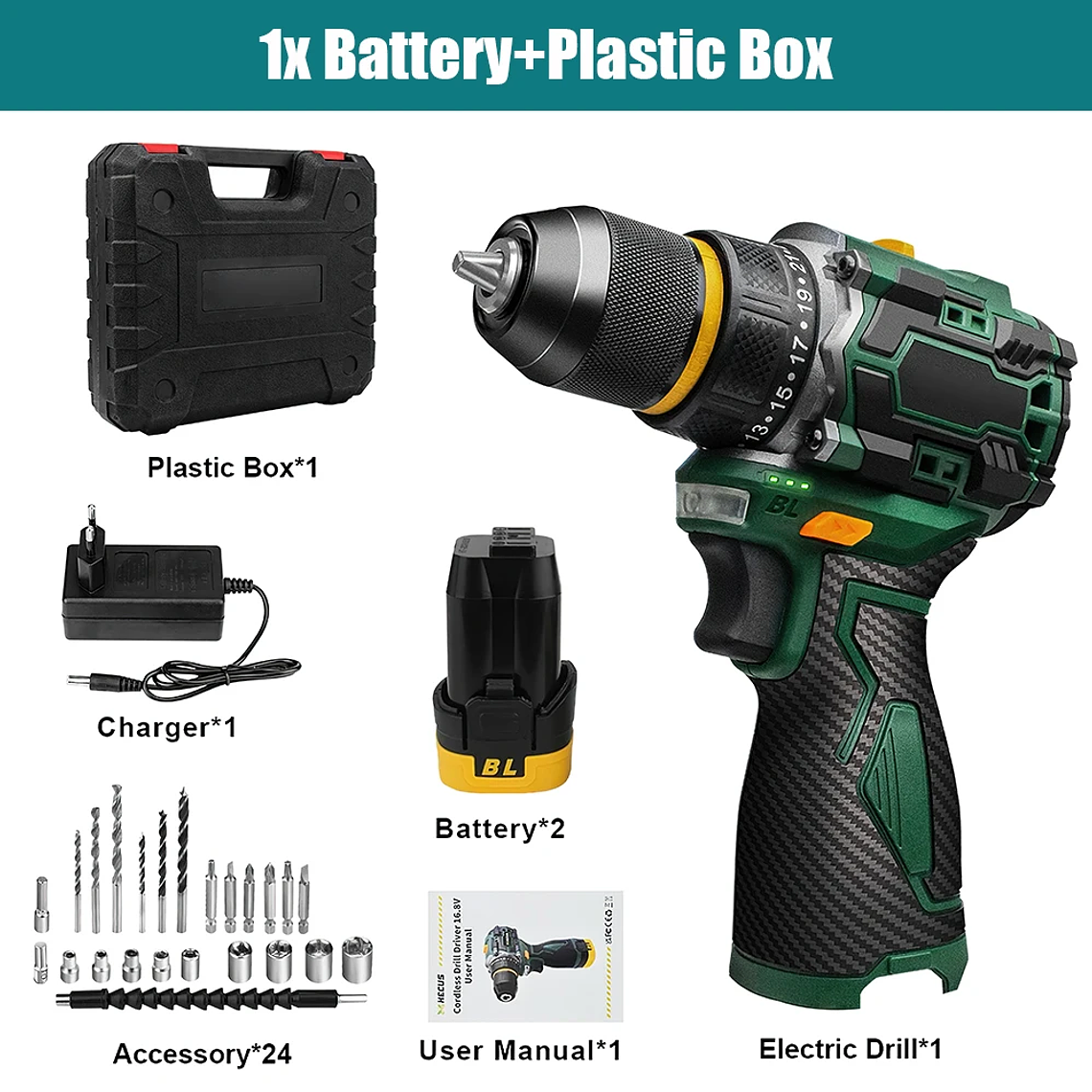 Aparafusadora/Furadeira de Impacto sem Escovas (Brushless) TKKEACE 23+1 Torques - Motor Brushless, 1500 RPM, Mandril Metal 3/8