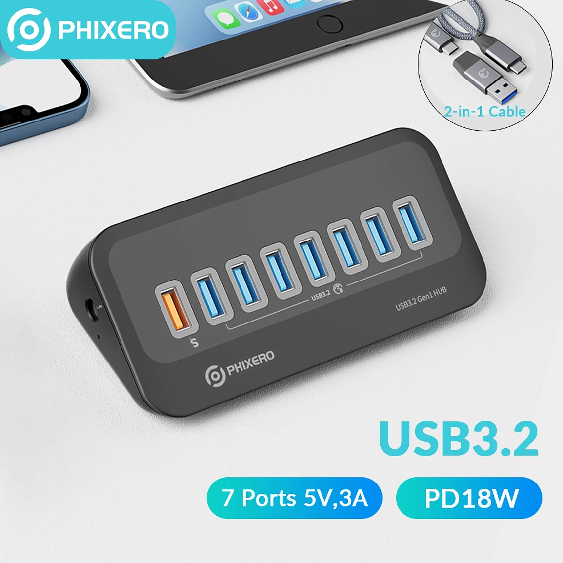 Hub USB-C PHIXERO 7 Portas USB 3.2 (5Gbps) com Leitor de Cartões SD/TF - Docking Station Compacta para MacBook, Surface, Laptop PC e Desktop 1