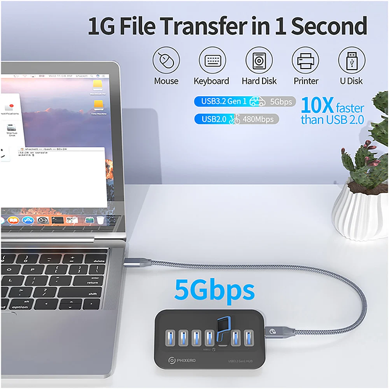 Hub USB-C PHIXERO 7 Portas USB 3.2 (5Gbps) com Leitor de Cartões SD/TF - Docking Station Compacta para MacBook, Surface, Laptop PC e Desktop 2
