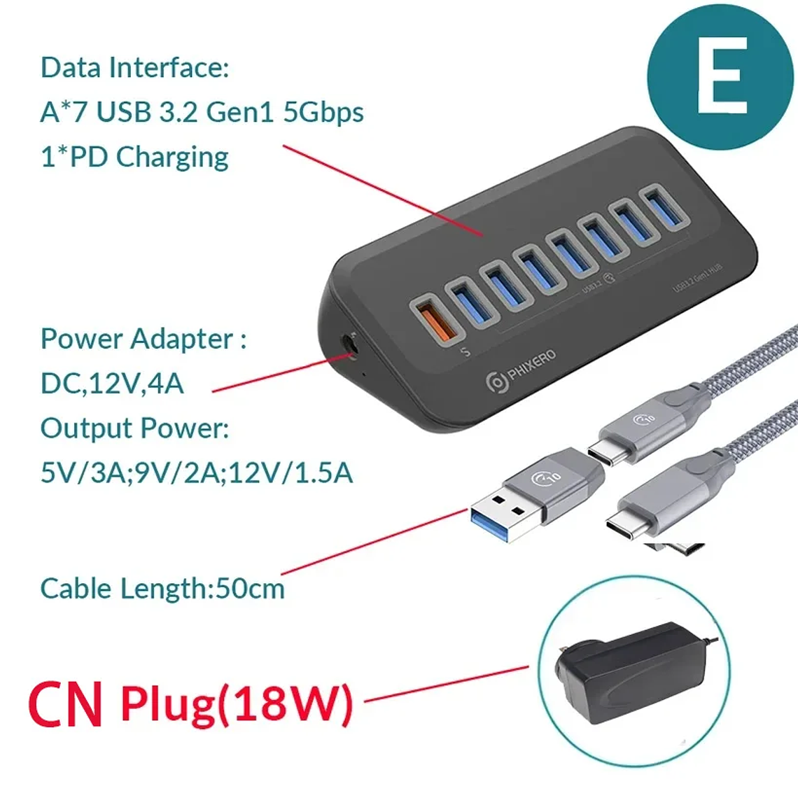 Hub USB-C PHIXERO 7 Portas USB 3.2 (5Gbps) com Leitor de Cartões SD/TF - Docking Station Compacta para MacBook, Surface, Laptop PC e Desktop 9
