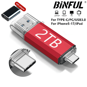 Pendrive 2TB USB-C OTG BiNFUL - Compatível com iPhone, iPad, Android, Mac e PC - Kit com Adaptador Lightning, Capa Protetora e Corrente Metálica