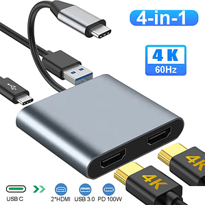 Dock USB-C 4-em-1 kebidumei: 2x HDMI 4K@60Hz, PD 100W, USB 3.0 - Hub para MacBook, Windows, Samsung Dex com Saída Dupla de Tela