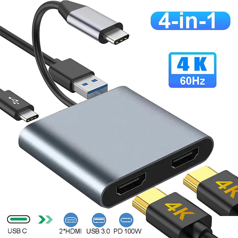 Dock USB-C 4-em-1 kebidumei: 2x HDMI 4K@60Hz, PD 100W, USB 3.0 - Hub para MacBook, Windows, Samsung Dex com Saída Dupla de Tela 1