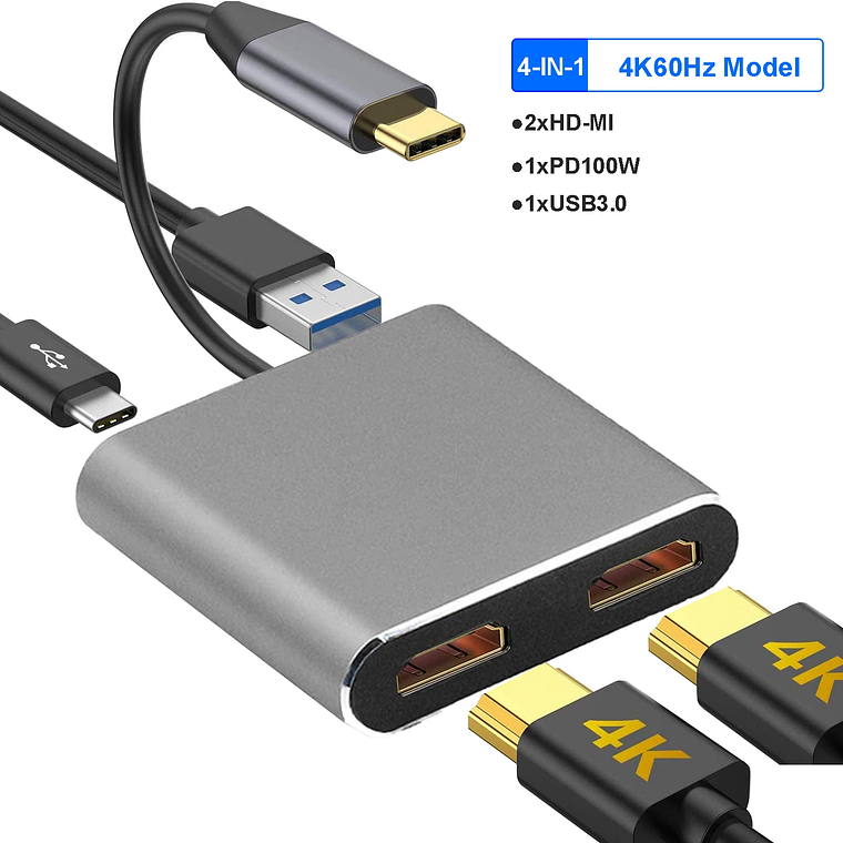 Dock USB-C 4-em-1 kebidumei: 2x HDMI 4K@60Hz, PD 100W, USB 3.0 - Hub para MacBook, Windows, Samsung Dex com Saída Dupla de Tela 9