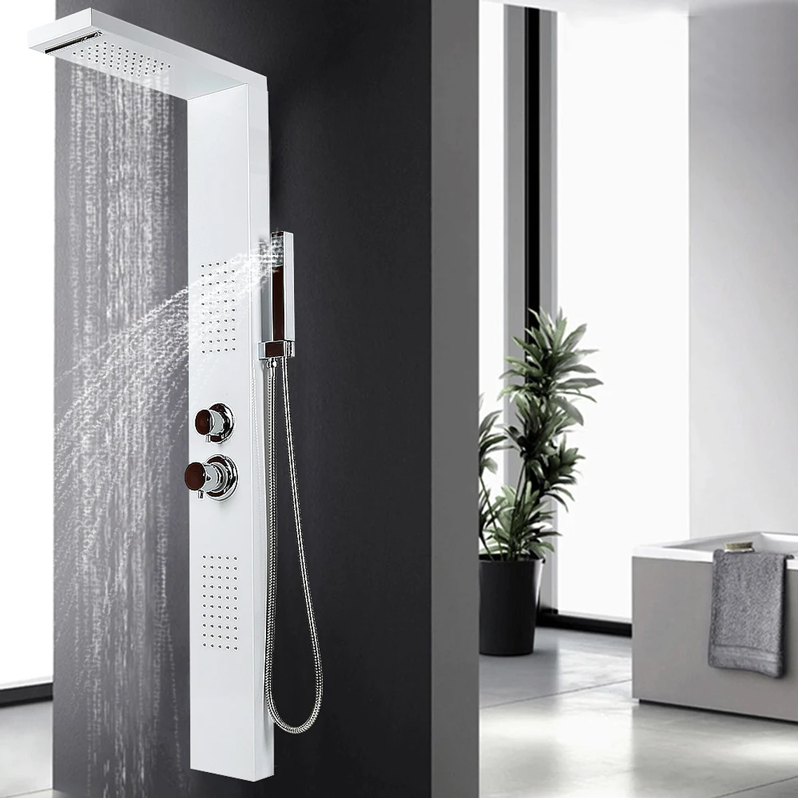 4-in-1 Stainless Steel Shower Panel - Complete System with Tropical Rain, Waterfall, Side Massage Jets and Hand Shower - Single Selection Button 6