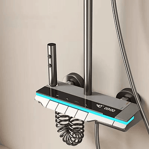 Sistema de Chuveiro Termostático Digital com Display LED e Faixa de Luz Ambiente - Latão Espelhado, Controle de Temperatura e Gerador Hidroelétrico - Para Banheira e Chuveiro