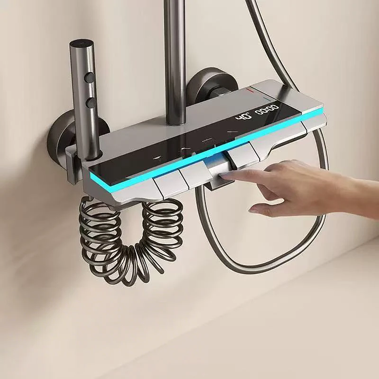 Sistema de Chuveiro Termostático Digital com Display LED e Faixa de Luz Ambiente - Latão Espelhado, Controle de Temperatura e Gerador Hidroelétrico - Para Banheira e Chuveiro 2