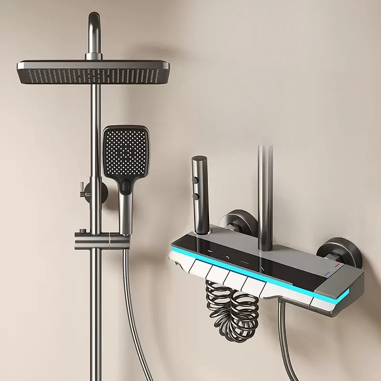 Sistema de Chuveiro Termostático Digital com Display LED e Faixa de Luz Ambiente - Latão Espelhado, Controle de Temperatura e Gerador Hidroelétrico - Para Banheira e Chuveiro 3