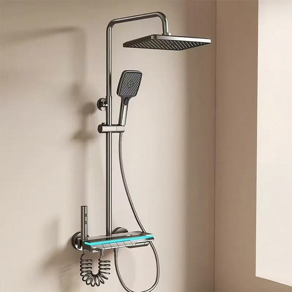 Sistema de Chuveiro Termostático Digital com Display LED e Faixa de Luz Ambiente - Latão Espelhado, Controle de Temperatura e Gerador Hidroelétrico - Para Banheira e Chuveiro 4