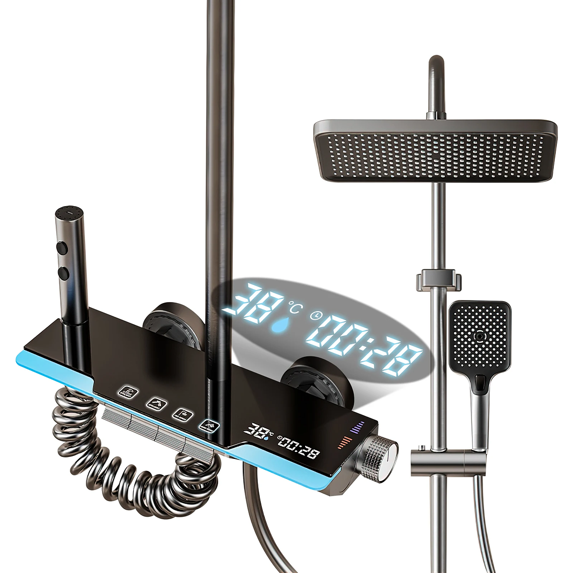 Digital Shower System with Gray Piano Keys - 4 Water Functions, LED Display, Integrated Seat - Brass and Stainless Steel 9