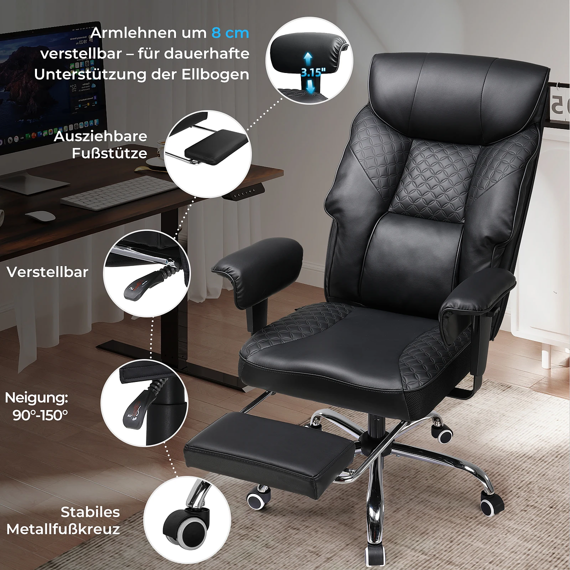 COMHOMA Ergonomic Gaming Chair for Tall and Heavy People - Supports up to 180kg, 3D Backrest, Retractable Footrest and Reinforced Steel Frame - PU Leather 5