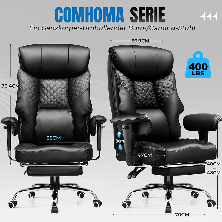 COMHOMA Ergonomic Gaming Chair for Tall and Heavy People - Supports up to 180kg, 3D Backrest, Retractable Footrest and Reinforced Steel Frame - PU Leather 6