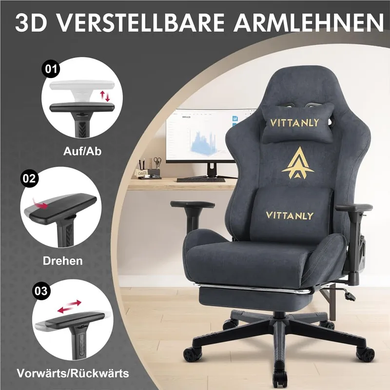 Cadeira Gamer de Camurça Sintética Kitinjoy - Encosto Alto Ergonômico, Apoio de Pés Retrátil, Braços 3D Ajustáveis e Inclinação até 155° - Conforto Premium para Office e Gaming 1