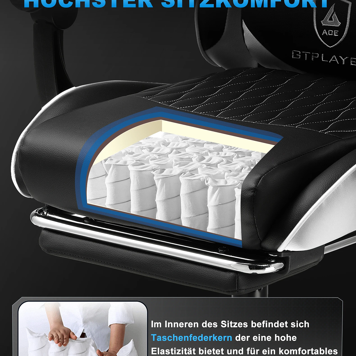 Cadeira Gamer GTPLAYER GTP900 - Suporte 150kg, Certificação BIFMA, Almofadas Lombar e Cervical Ajustáveis, Apoio de Pés e Inclinação até 145° (Azul, Marrom, Cinza, Branco) 4