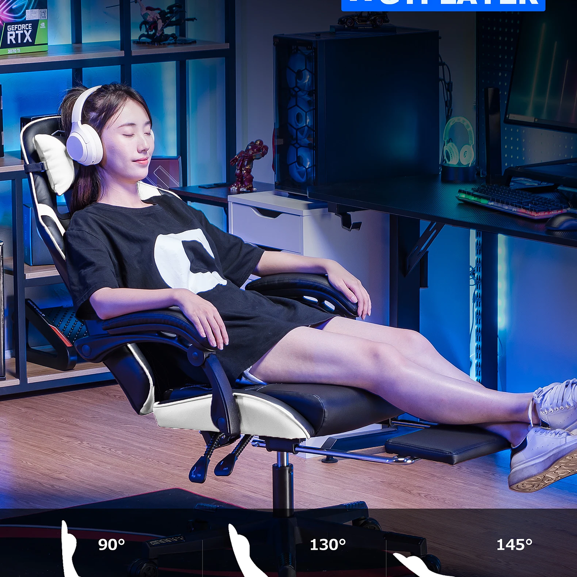 Cadeira Gamer GTPLAYER GTP900 - Suporte 150kg, Certificação BIFMA, Almofadas Lombar e Cervical Ajustáveis, Apoio de Pés e Inclinação até 145° (Azul, Marrom, Cinza, Branco) 6