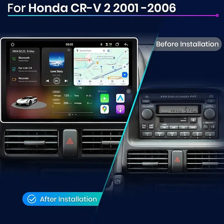 Rádio Android Junsun V3 Plus 2K QLED para Honda CR-V II (2001-2008) - Wireless CarPlay, Android 13, 4GB RAM, 128GB ROM, Tela até 11