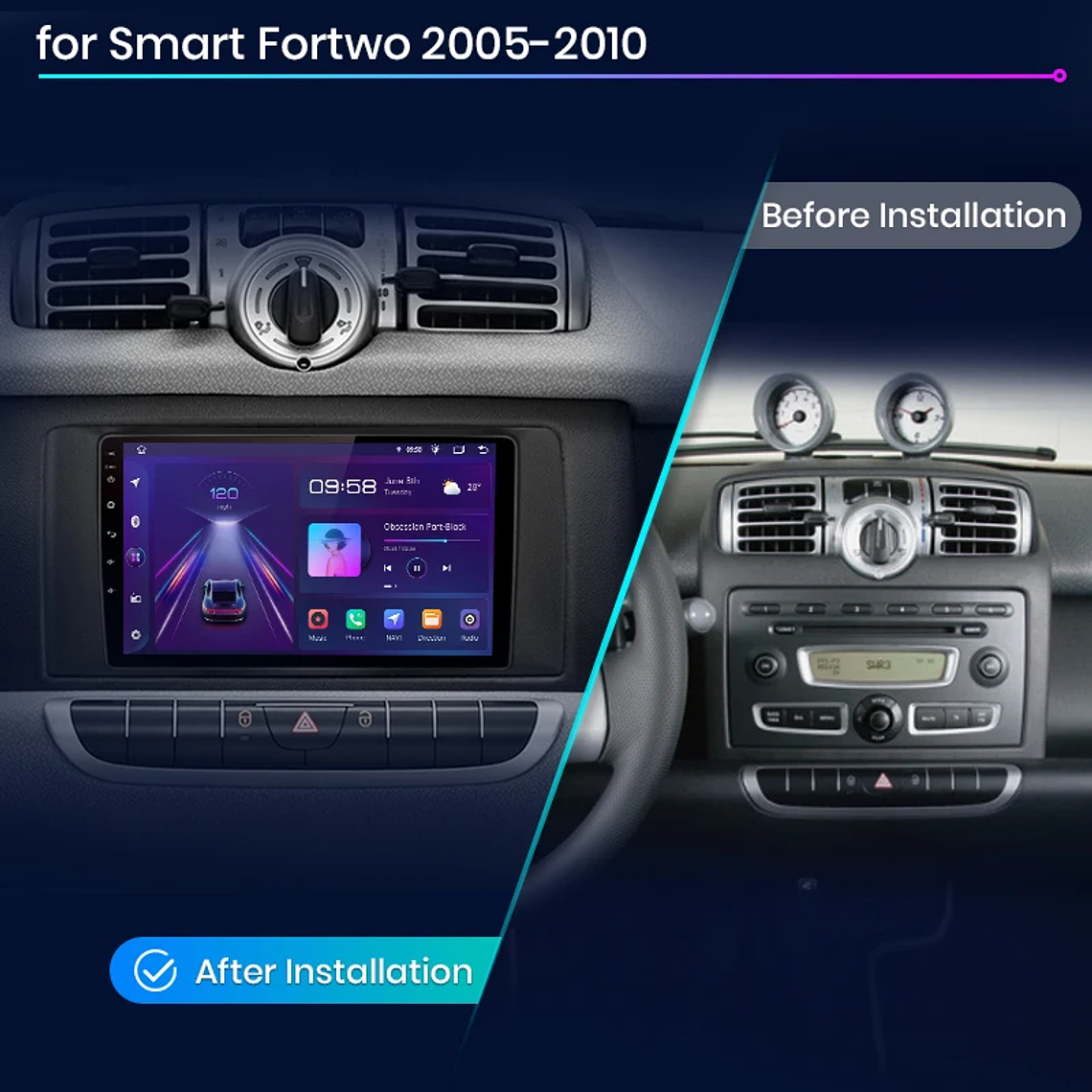 Rádio Android para Smart Fortwo 451 (2010) | CarPlay & Android Auto Sem Fio (Opcional) | Tela 9