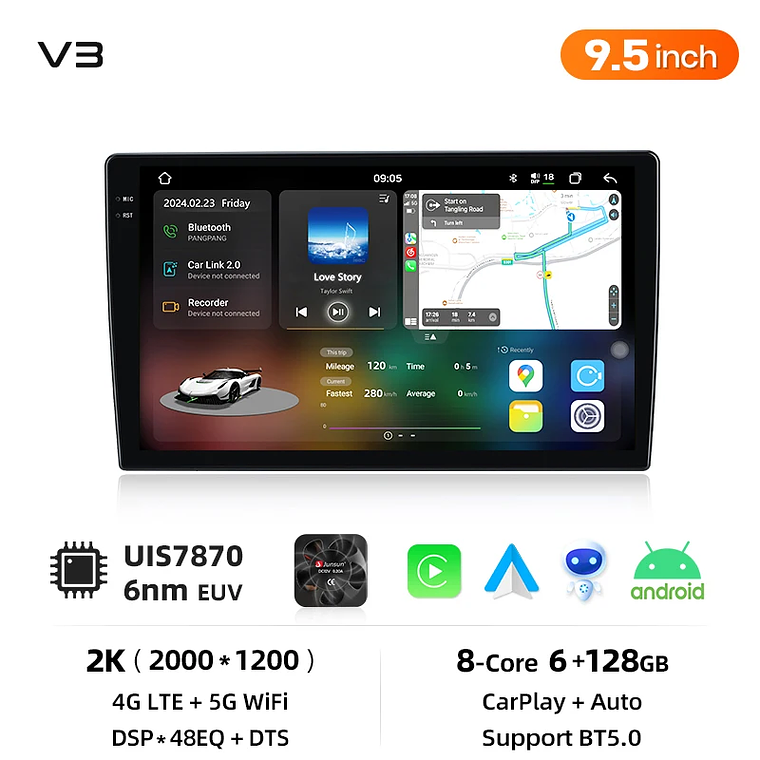 Rádio Android Junsun V3 Plus 2K QLED para Honda CR-V II (2001-2008) - Wireless CarPlay, Android 13, 4GB RAM, 128GB ROM, Tela até 11