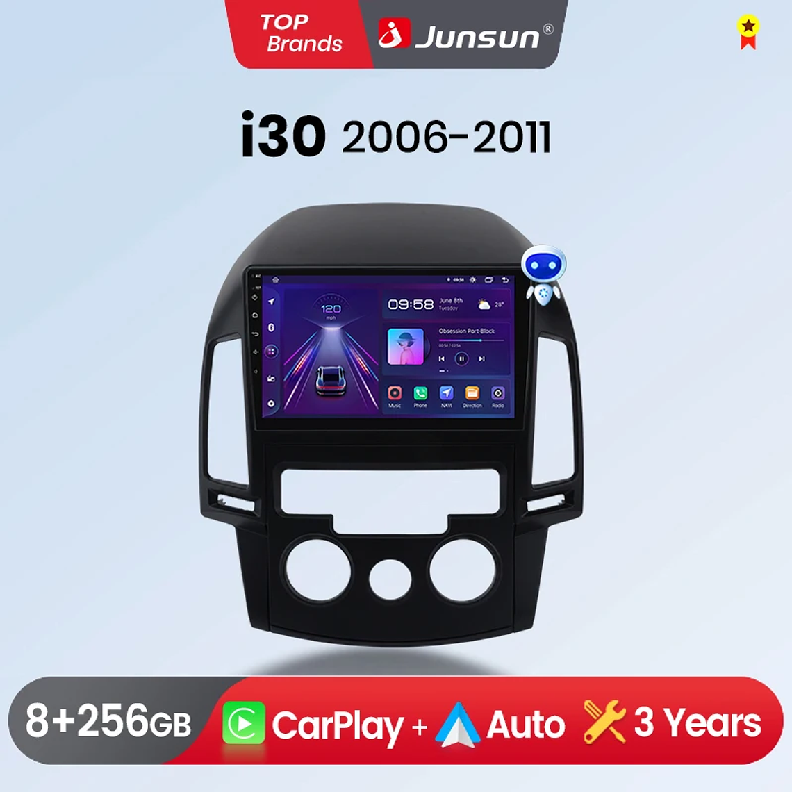Rádio Android Junsun para Hyundai i30 2006-2011 | CarPlay & Android Auto Sem Fio (Opcional) | Tela 9