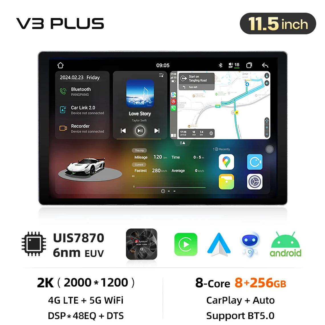 Rádio Android Junsun V3 Plus 2K QLED para Honda CR-V II (2001-2008) - Wireless CarPlay, Android 13, 4GB RAM, 128GB ROM, Tela até 11