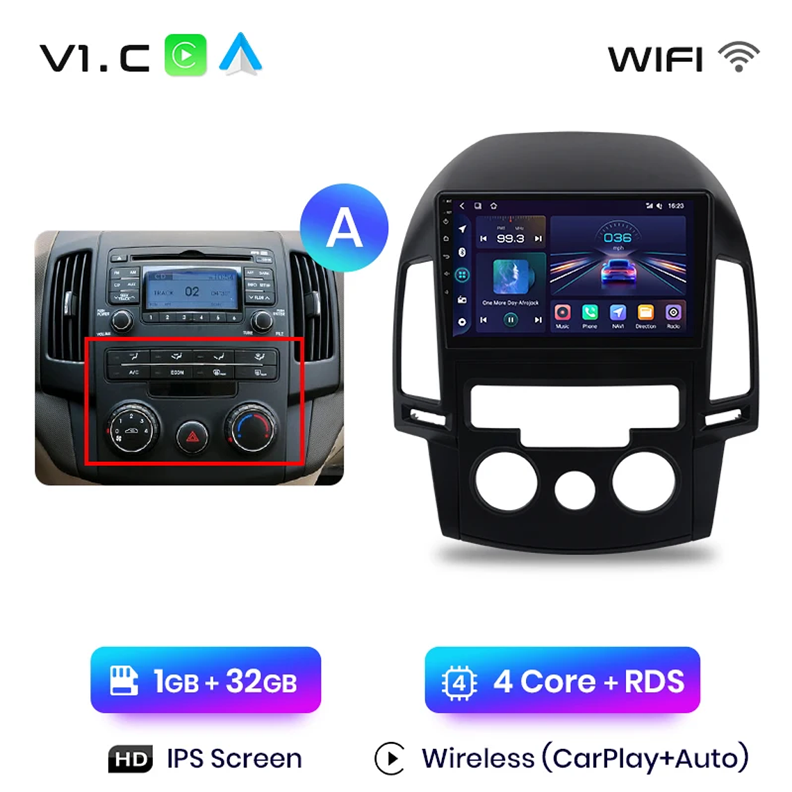 Rádio Android Junsun para Hyundai i30 2006-2011 | CarPlay & Android Auto Sem Fio (Opcional) | Tela 9