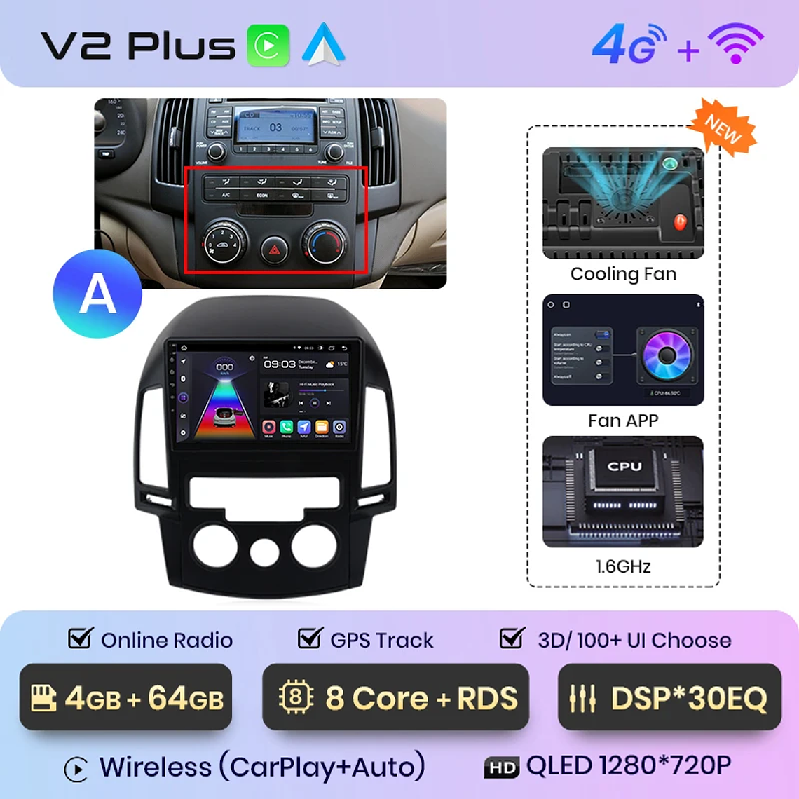 Rádio Android Junsun para Hyundai i30 2006-2011 | CarPlay & Android Auto Sem Fio (Opcional) | Tela 9