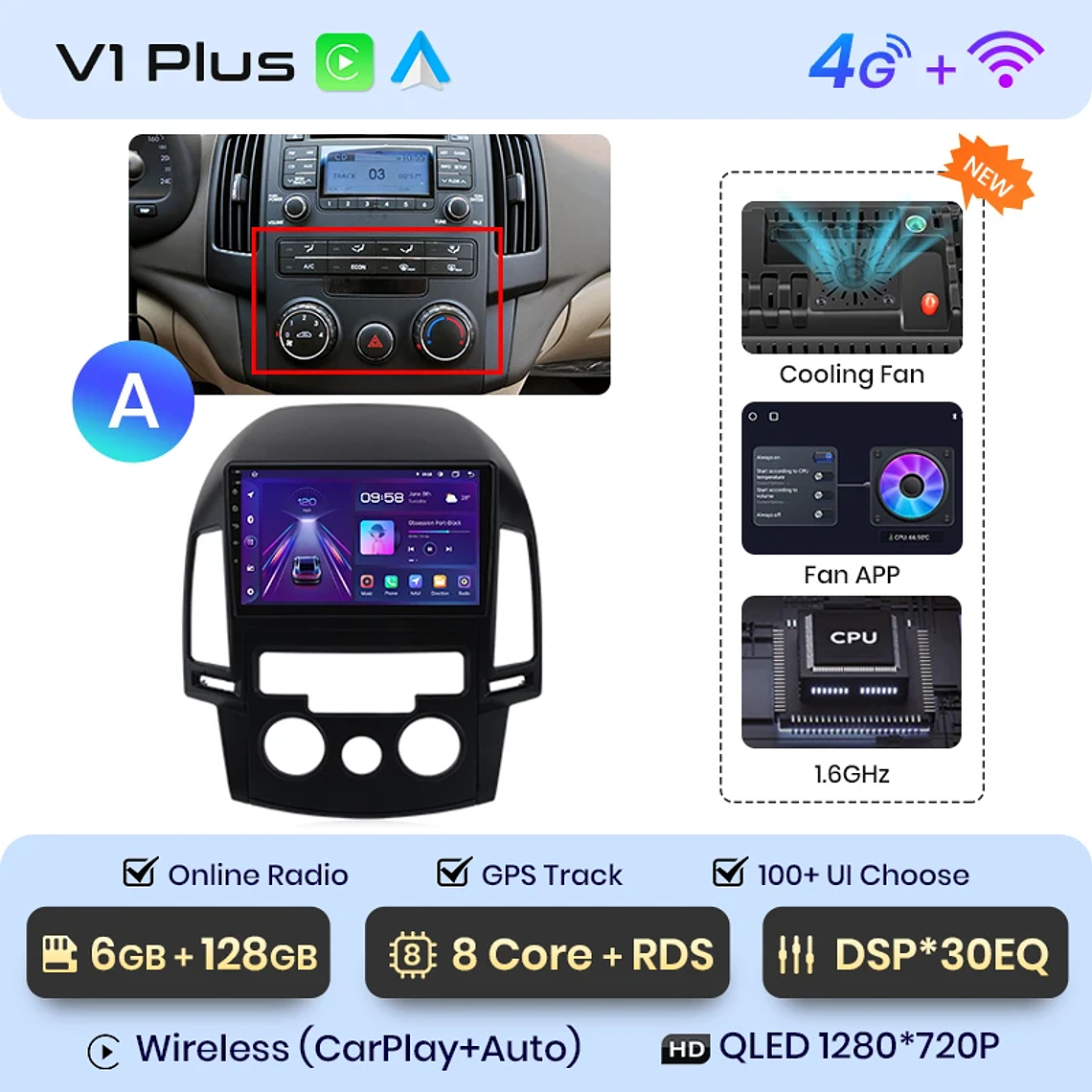 Rádio Android Junsun para Hyundai i30 2006-2011 | CarPlay & Android Auto Sem Fio (Opcional) | Tela 9