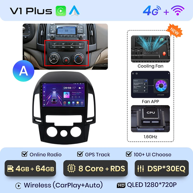 Rádio Android Junsun para Hyundai i30 2006-2011 | CarPlay & Android Auto Sem Fio (Opcional) | Tela 9