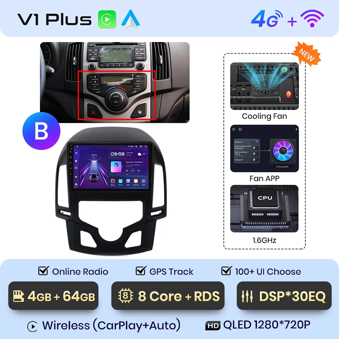 Rádio Android Junsun para Hyundai i30 2006-2011 | CarPlay & Android Auto Sem Fio (Opcional) | Tela 9