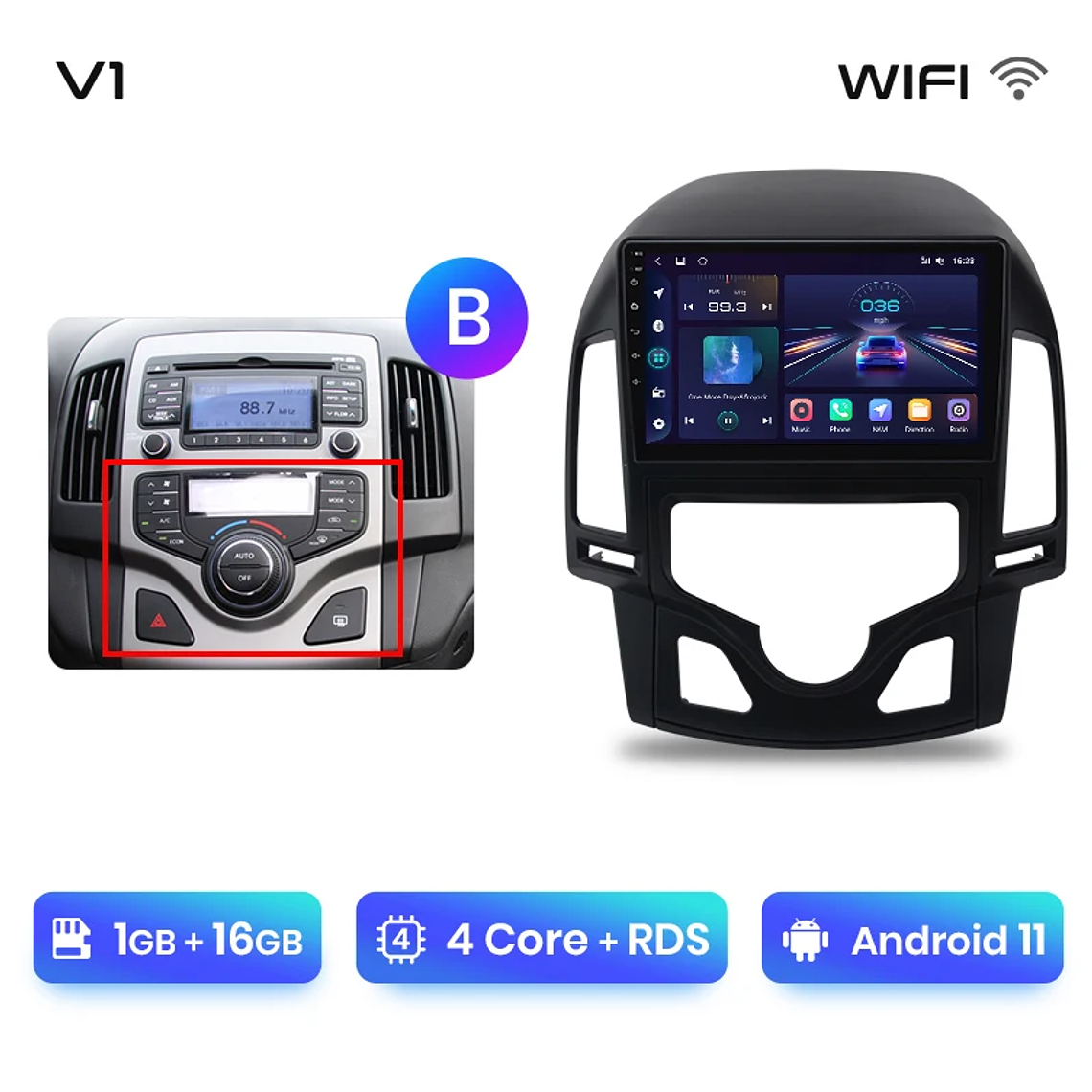 Rádio Android Junsun para Hyundai i30 2006-2011 | CarPlay & Android Auto Sem Fio (Opcional) | Tela 9