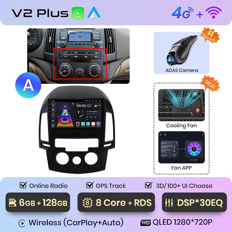 Rádio Android Junsun para Hyundai i30 2006-2011 | CarPlay & Android Auto Sem Fio (Opcional) | Tela 9