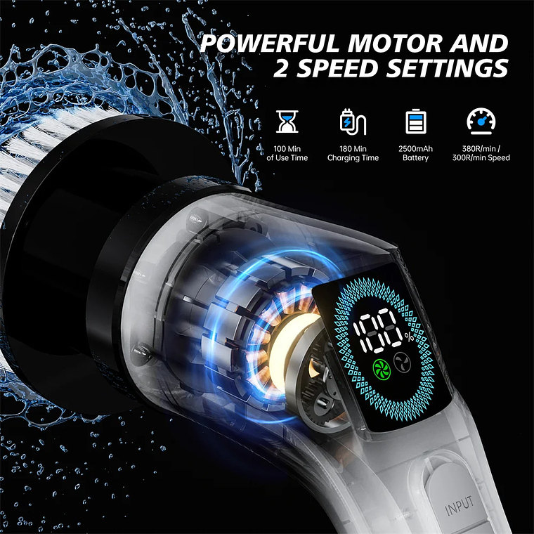 Escovão de Limpeza Elétrico Giratório 360° LISI - Kit com 7 Escovas e 2 Hastes, IPX6, Bateria 2500mAh - Para Banheiro, Cozinha, Azulejos e Cantos 2