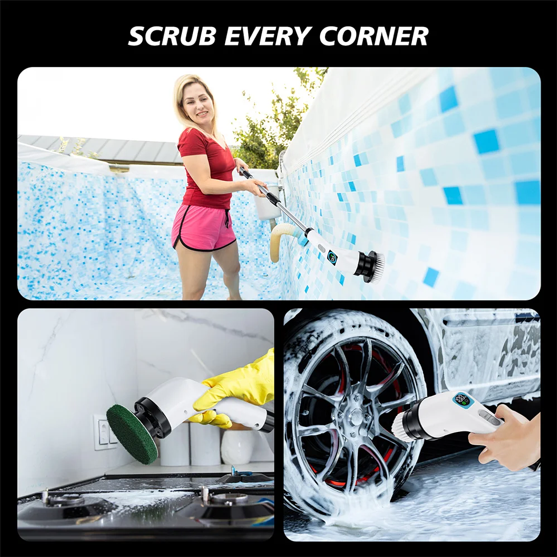 Escovão de Limpeza Elétrico Giratório 360° LISI - Kit com 7 Escovas e 2 Hastes, IPX6, Bateria 2500mAh - Para Banheiro, Cozinha, Azulejos e Cantos 3