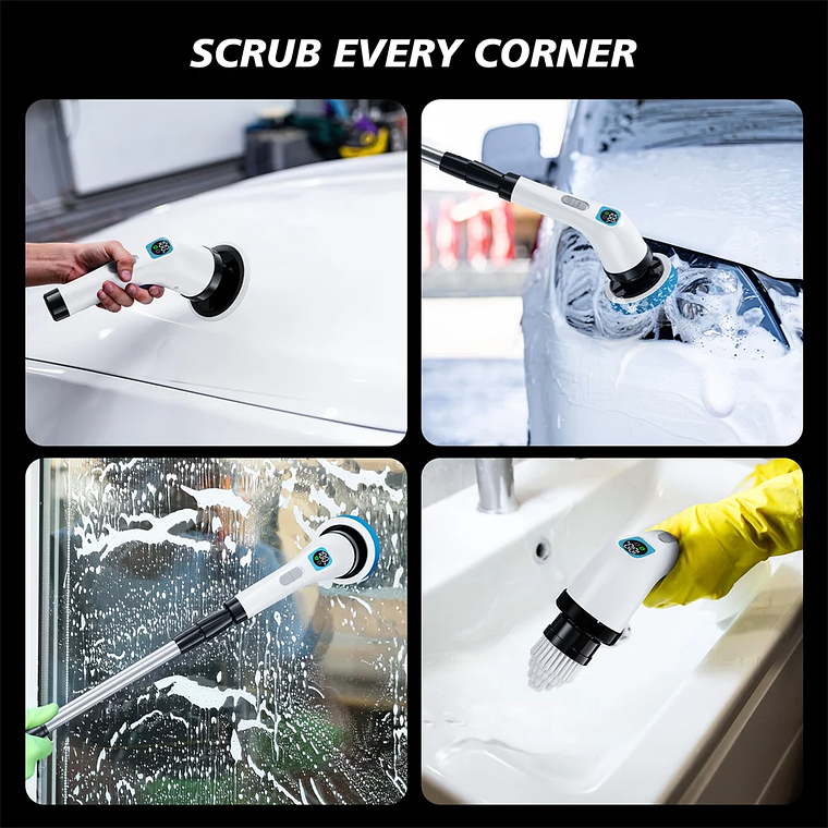 Escovão de Limpeza Elétrico Giratório 360° LISI - Kit com 7 Escovas e 2 Hastes, IPX6, Bateria 2500mAh - Para Banheiro, Cozinha, Azulejos e Cantos 4