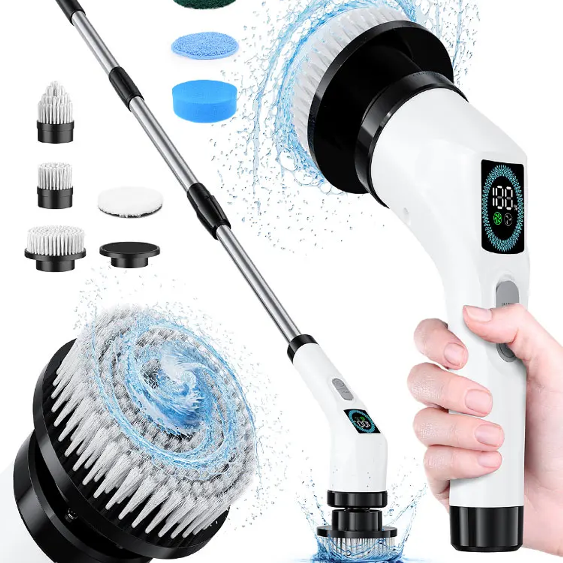 Escovão de Limpeza Elétrico Giratório 360° LISI - Kit com 7 Escovas e 2 Hastes, IPX6, Bateria 2500mAh - Para Banheiro, Cozinha, Azulejos e Cantos 7