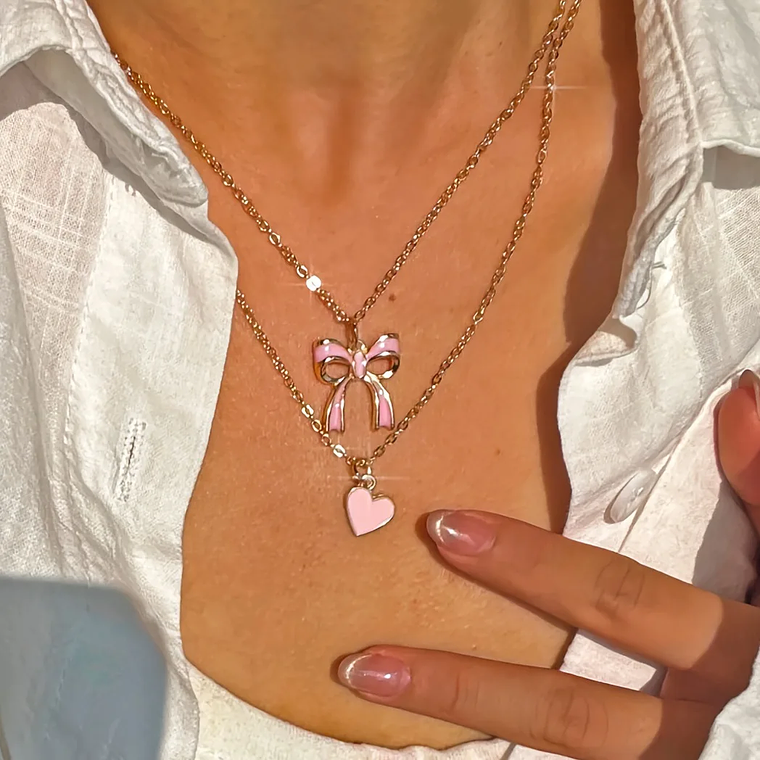 Colar Duplo Fofo de Coração Rosa com Laço | Presente para Dia dos Namorados e Uso Diário | Para Mulheres e Meninas 1