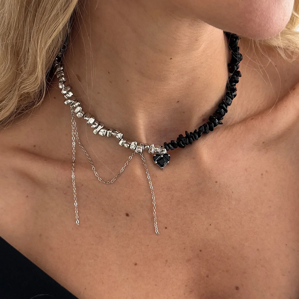 Colar Punk Feminino Coração com Correntes e Contas | Acessório de Festa e Dia dos Namorados | Tendência 2024 2