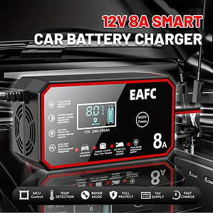 Carregador de Bateria Automático 12V 8A | Para Baterias Chumbo-Ácido, AGM, GEL e LiFePO4 | Com Reparo por Pulsos e LCD